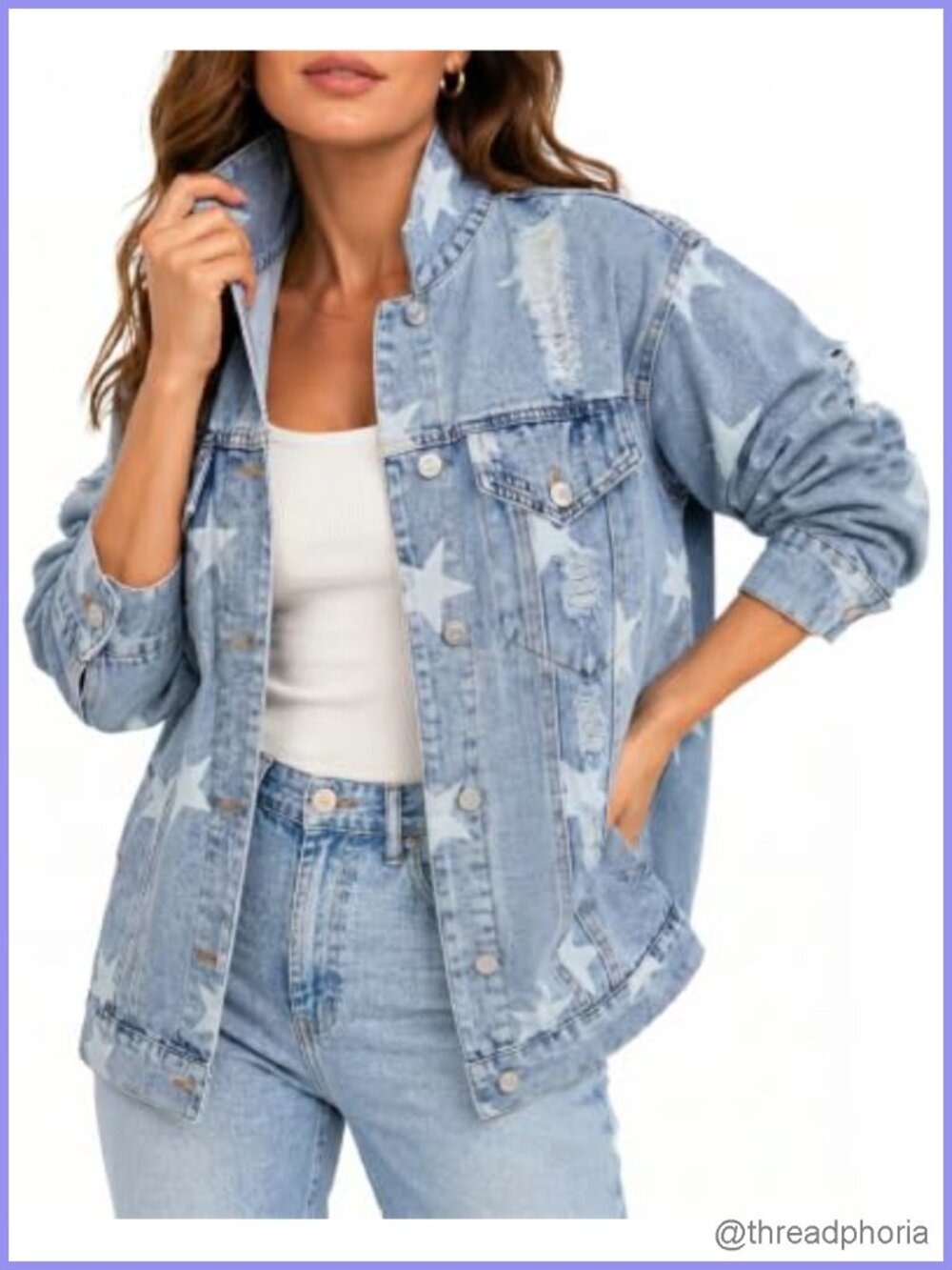 Star Print Oversized Denim Jacket Button Down Distressed Frayed Women's